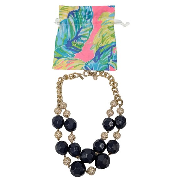 Lilly Pulitzer On The Rocks Statement Necklace Navy Blue Gold Double Strand 22" - Picture 2 of 12